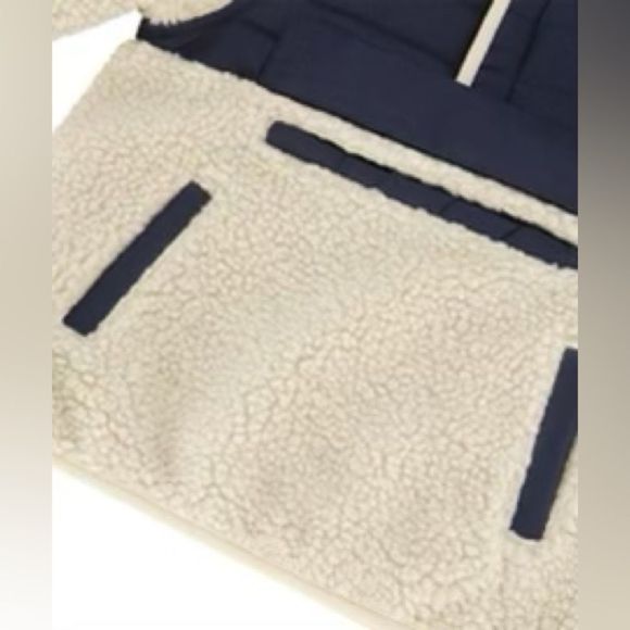 London Fog Dark Blue & Cream Color-Block Puffer-Panel Sherpa Hooded Pullover - Picture 3 of 14